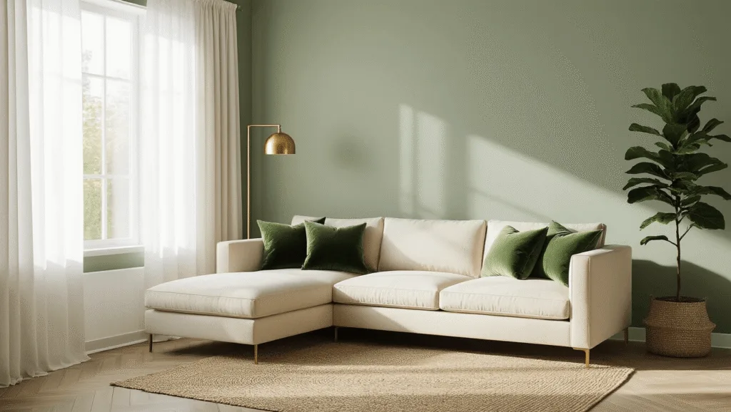 "Modern living room with sage green walls, cream sofa, brass accents, and natural light"