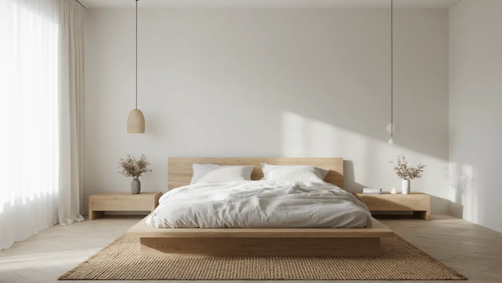 "Scandinavian minimal bedroom with oak platform bed, natural textures, sheer curtains, linen bedding and jute rug in bright morning light"