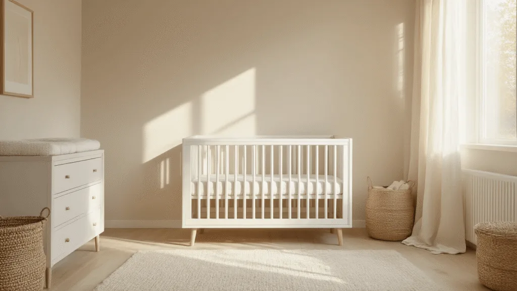 "Scandinavian-style nursery with white crib, beige walls, oak floors and natural light filtering through linen curtains"