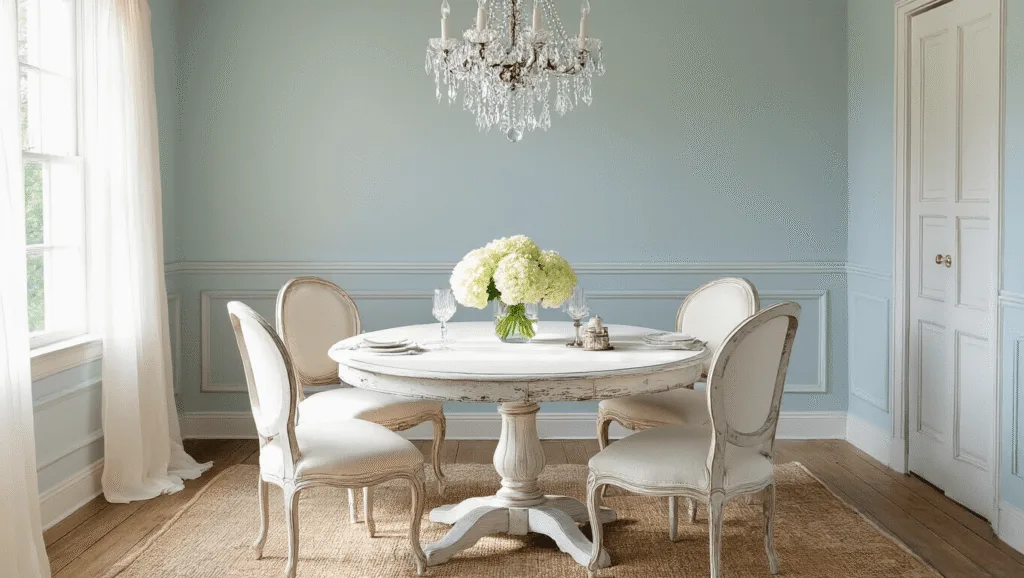 "Shabby chic dining room with white distressed table, vintage chairs, crystal chandelier, hydrangeas in vase, and pastel walls"