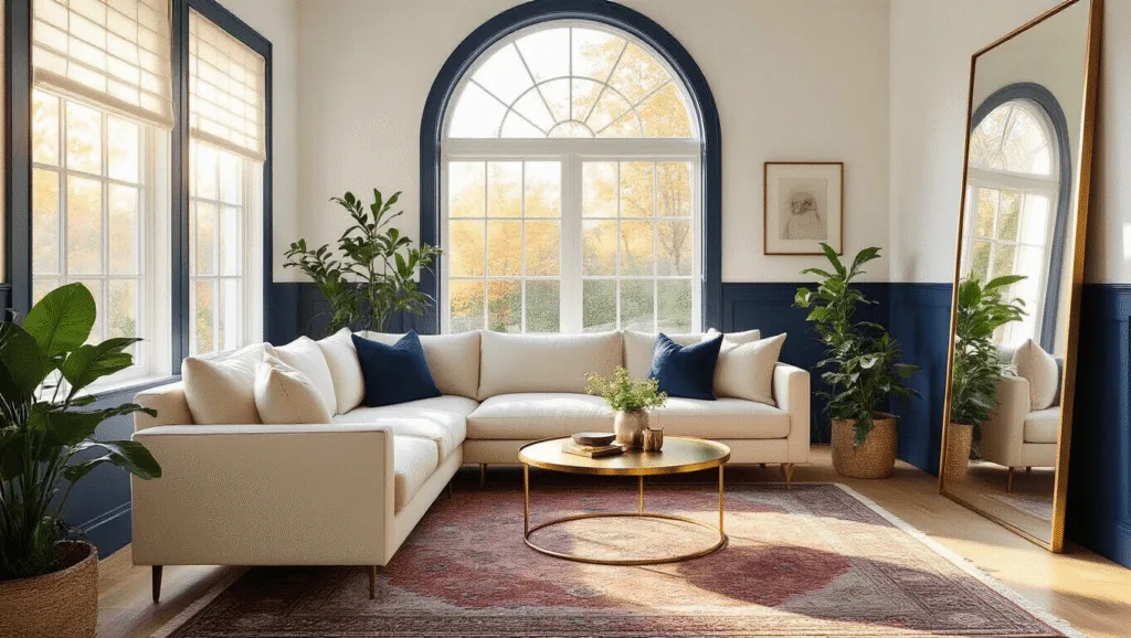 "Small, cozy living room with compact furniture, Persian rug, white walls with navy trim, and large arched mirror, bathed in natural light from floor-to-ceiling windows"