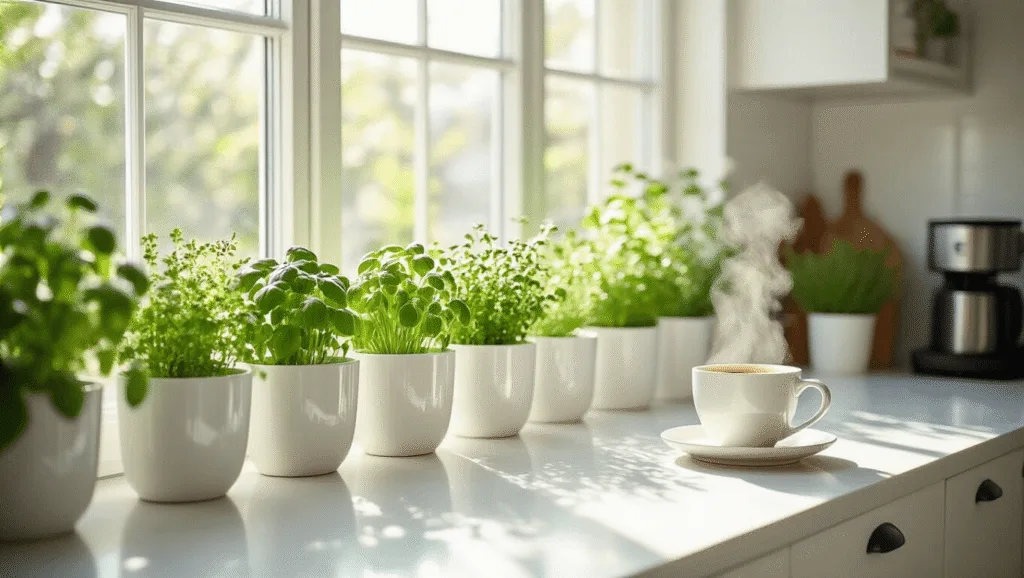 "Sunlit kitchen with herbs in ceramic pots on a quartz countertop and steaming coffee cup, displaying a minimalist aesthetic"