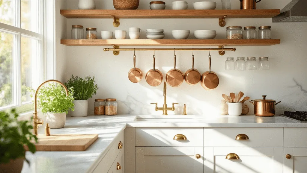 "Compact kitchen with white rolling island, wooden floating shelves, brass hardware, and organized copper cookware illuminated by natural sunlight"