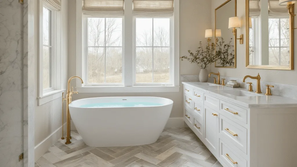 "Elegant transitional bathroom with a white freestanding tub, marble herringbone floor, brushed gold fixtures, white Shaker-style vanity, and frosted windows"