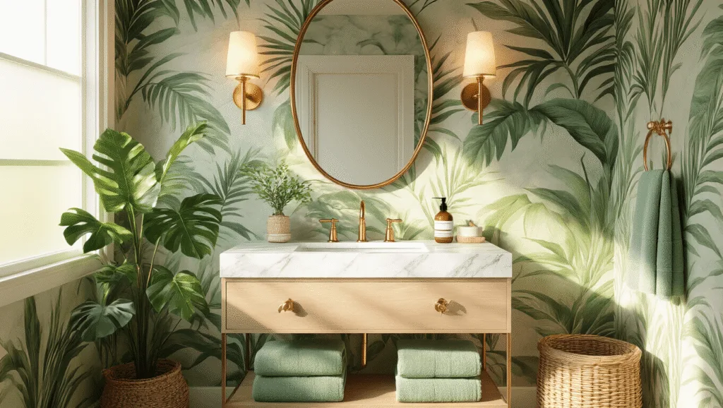 "Small sunlit bathroom with tropical palm leaf wallpaper, marble vanity with brass fixtures, and styled with a monstera plant and sage green towels"
