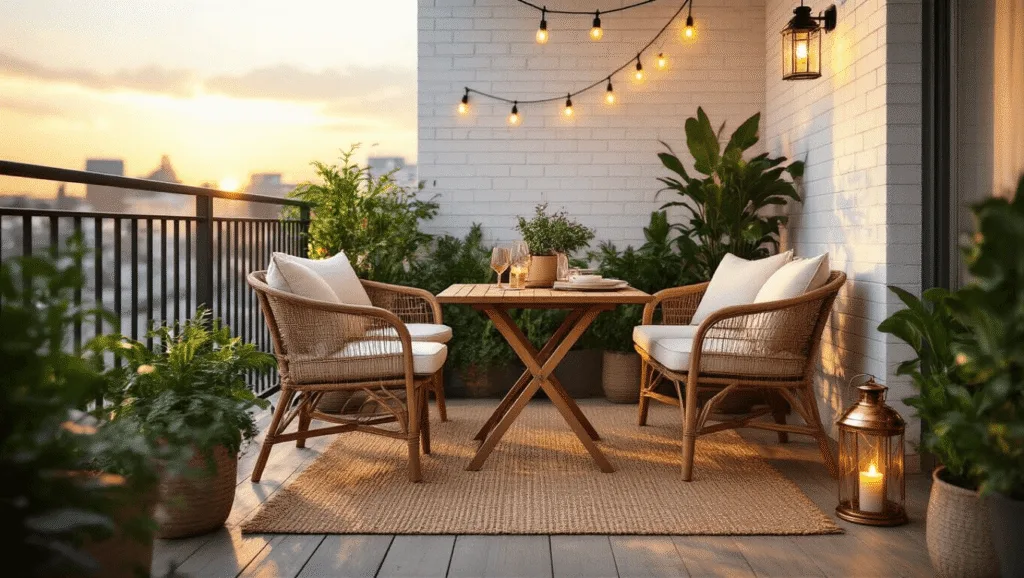 "Cozy urban balcony at sunset with teak bistro set, string lights, potted plants and copper lanterns"
