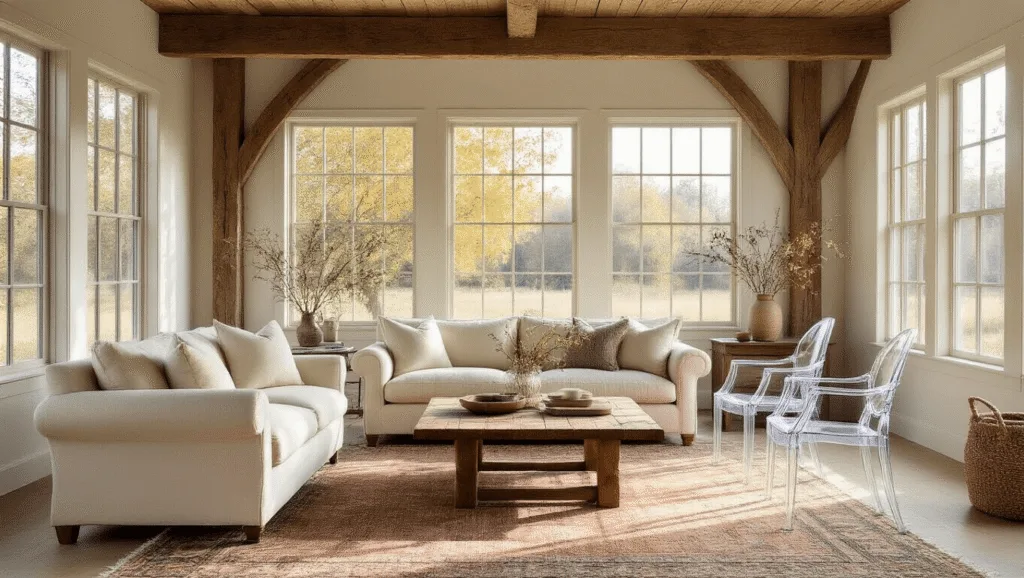 "Sunlit modern farmhouse living room with cream sofa, oak farm table, vintage rug, ghost chairs and exposed wooden beams"