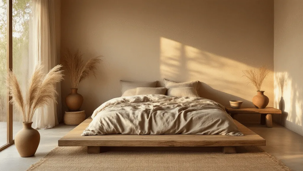 "Minimalist bedroom with earthy tones and natural textures, featuring rumpled linen bedding, ceramic vessels on an oak table, and clay-colored walls during golden hour light."
