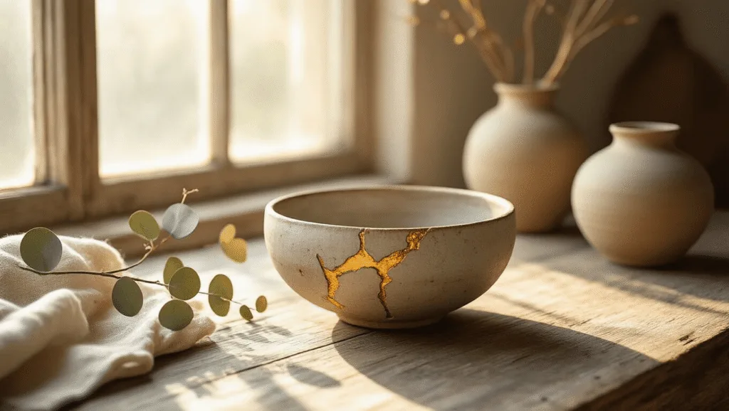"Rustic handmade ceramic bowl with kintsugi repairs on a wooden table in soft sunlight, surrounded by earth-toned pottery and dried eucalyptus"
