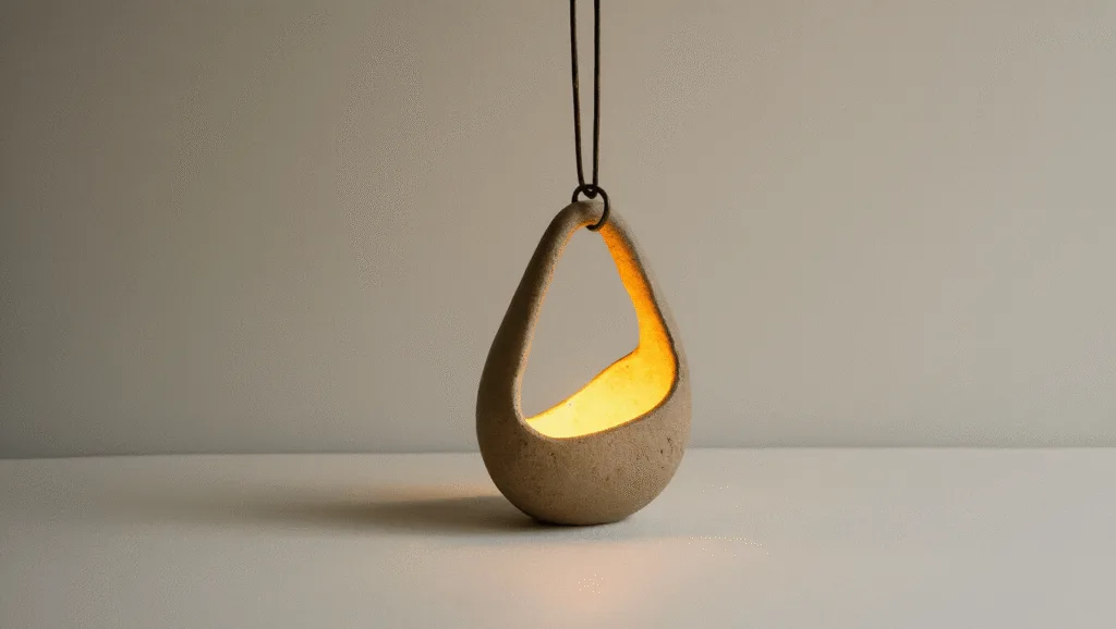 "Handcrafted wabi-sabi pendant made of asymmetrical ceramic clay with natural imperfections in muted earth tones, casting a warm ambient glow creating a Zen atmosphere against a clean, minimal background."