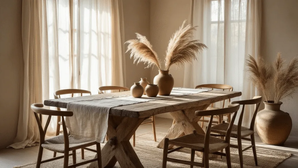 "Serene dining room with weathered oak table, mismatched chairs, linen runner, ceramic vessels with pampas grass, and golden hour sunlight streaming through sheer curtains"