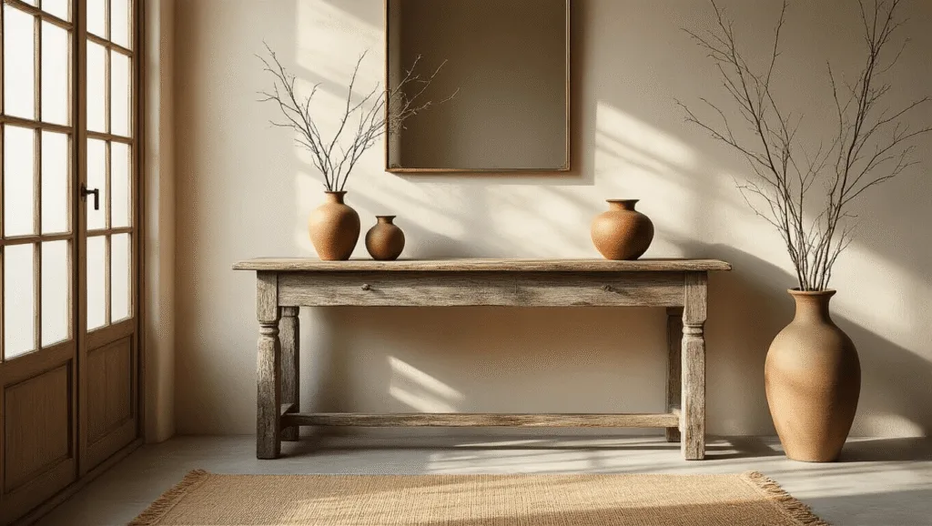 "Serene entryway with distressed wooden console, ceramic vessels, and soft morning light"
