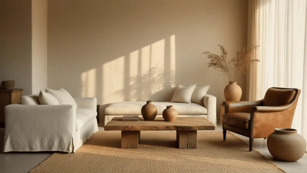 "Serene living room with neutral tones, handcrafted ceramics and vintage furniture in golden hour lighting"