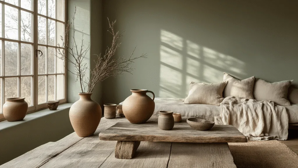 "Wabi-sabi styled Christmas living room with natural elements, earthy tones, and minimalist decor in morning sunlight"