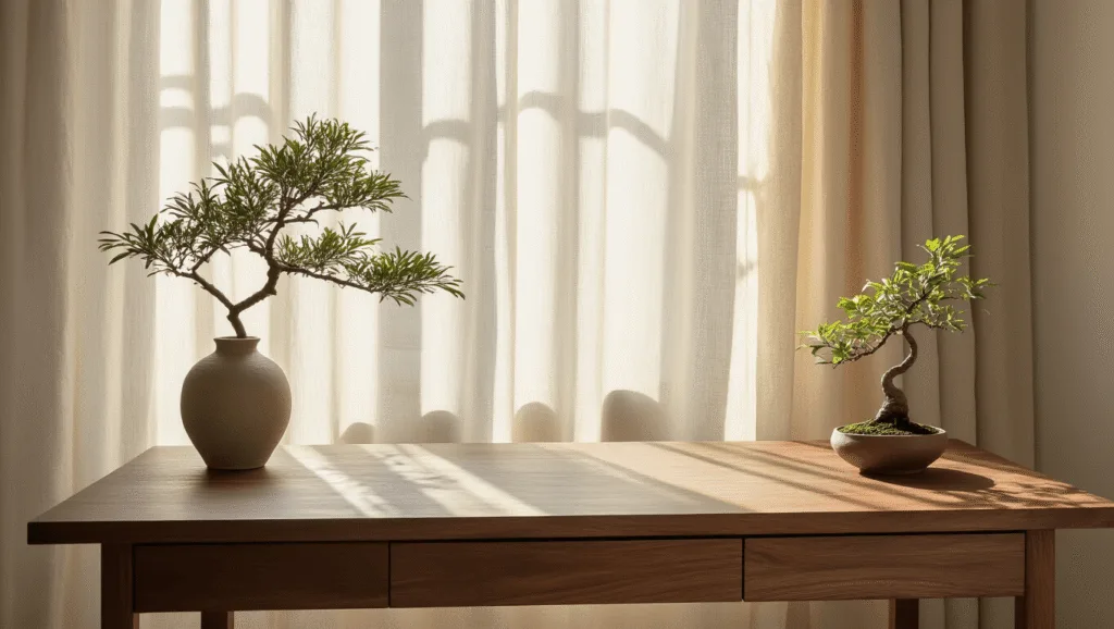 "Serene home office with walnut desk, bonsai plant in ceramic vase, and oatmeal linen curtains in soft natural light"
