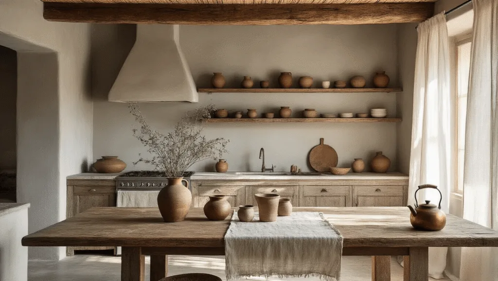 "Rustic kitchen with weathered wooden beams, stone countertops, and ceramic vessels in natural morning light"