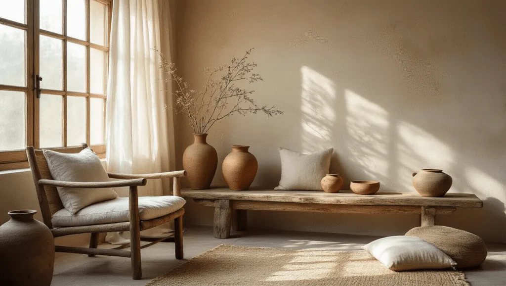 "Sunlit wabi-sabi style rustic interior with weathered wood furniture, handmade ceramics, natural linen textiles, and textured walls in muted earth tones."