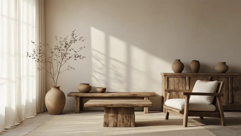 "Serene Japanese-inspired living room with rustic wooden furniture, handmade ceramics and natural linen textiles illuminated by soft morning light"