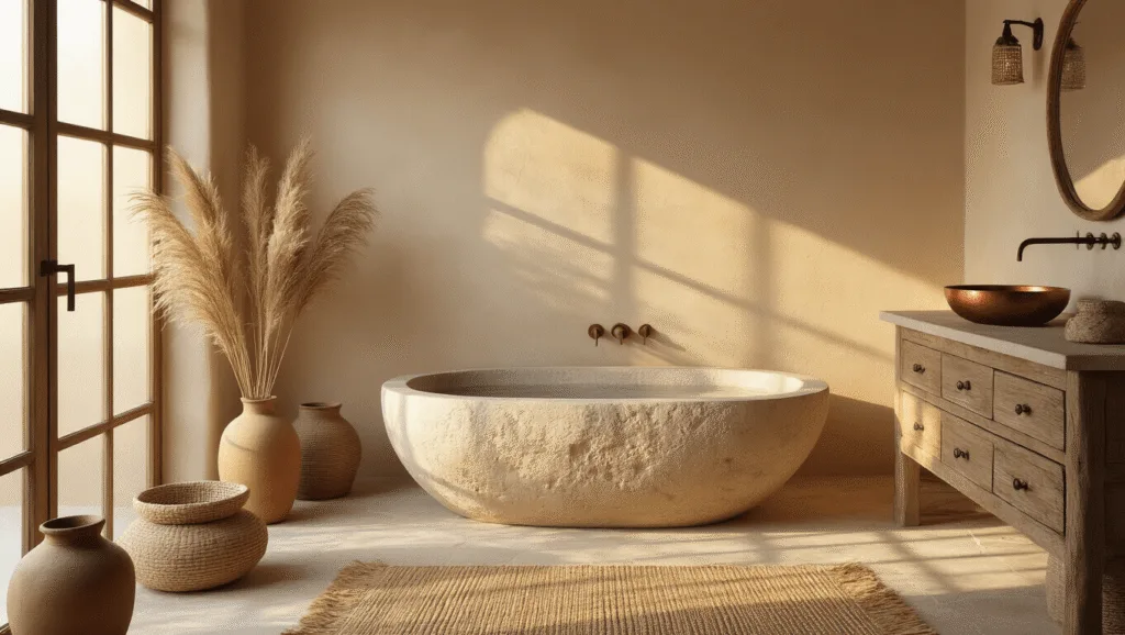 "Serene bathroom with freestanding stone tub, earth-toned clay walls, limestone flooring with jute mat, oak vanity with copper basin, and decorative ceramic vessels with dried pampas grass in warm golden light."