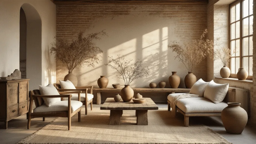 "Sunlit wabi-sabi interior with wooden furniture and earth-toned decor"