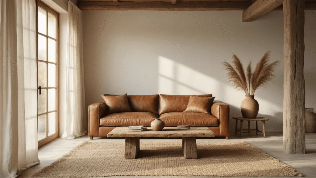 "Wabi-sabi living room with sunlit natural materials including weathered leather sofa, oak coffee table, jute rug and ceramic vase"