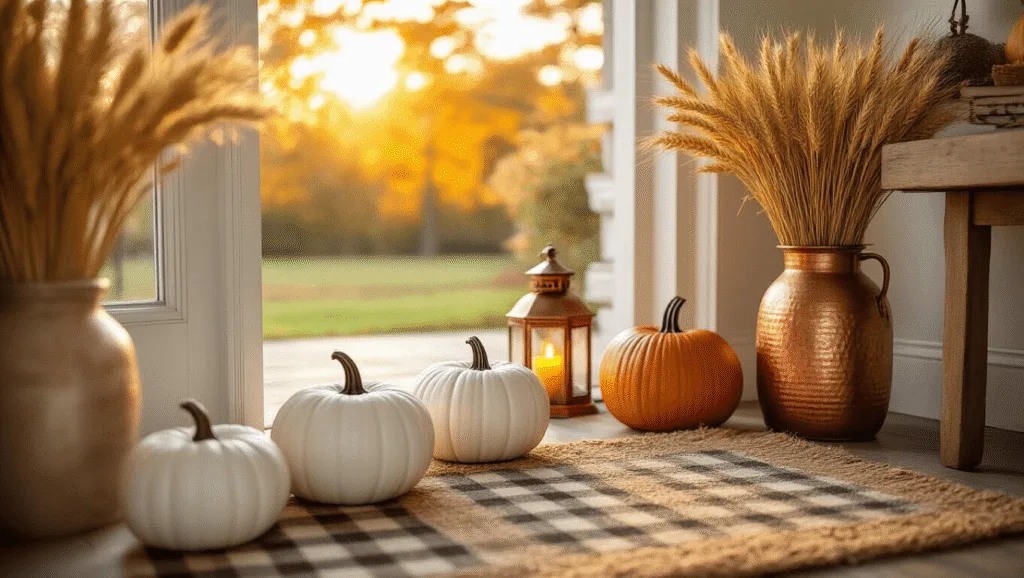 "Sunlit farmhouse entryway decorated with ceramic pumpkins, copper lanterns, dried wheat and autumn colors for a cozy, inviting atmosphere"
