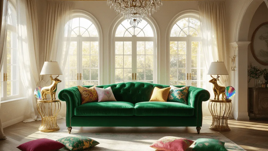 "Whimsical living room with emerald green sofa, brass animal lamps, rainbow prisms, and arched windows in soft afternoon light"