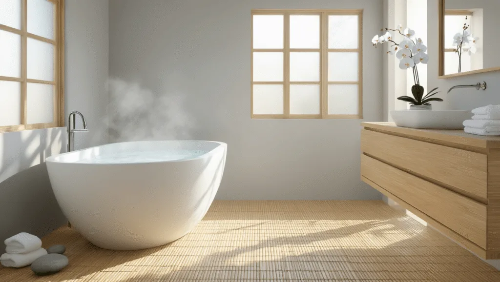 "Minimalist bathroom with white soaking tub, bamboo flooring, and natural light illuminating the room angled from frosted windows."