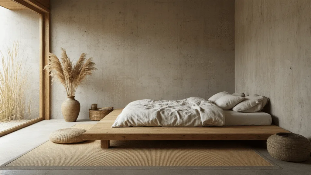 "Wabi Sabi bedroom featuring a low wooden platform bed with wrinkled linen bedding, tatami mat, dried pampas grass decor, concrete walls, natural light, and warm earth tones creating a minimalist Zen atmosphere."