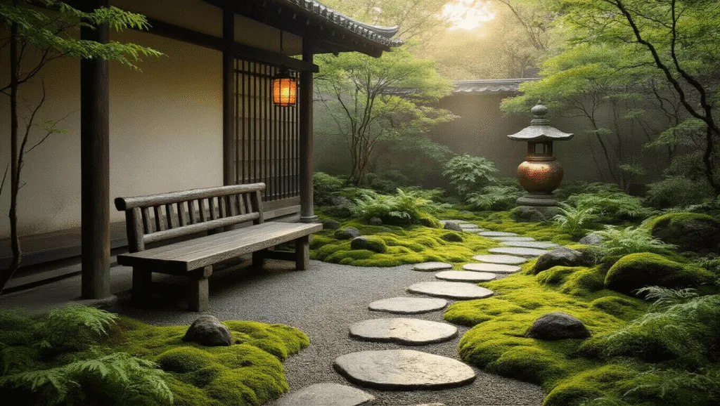 "Aged stone path leading to a wooden bench in a serene Japanese garden courtyard, surrounded by moss, ferns, and a weathered lantern at golden hour"