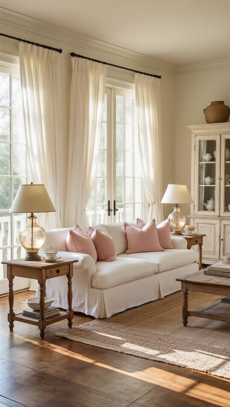 Sunlit living room with white slip-covered sofa, rose and ecru pillows, vintage side tables, mercury glass lamps, antique armoire, and sheer curtains billowing in golden hour light.