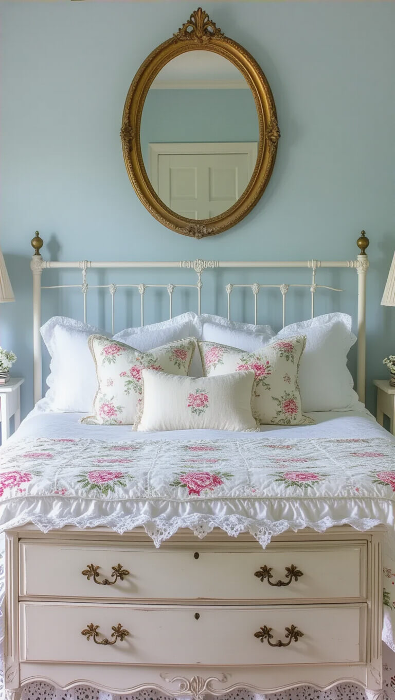 Cozy 12x14ft bedroom at dawn with vintage white iron bed, layered linens, French provincial dresser, gilded mirror, and soft blue walls in natural light.