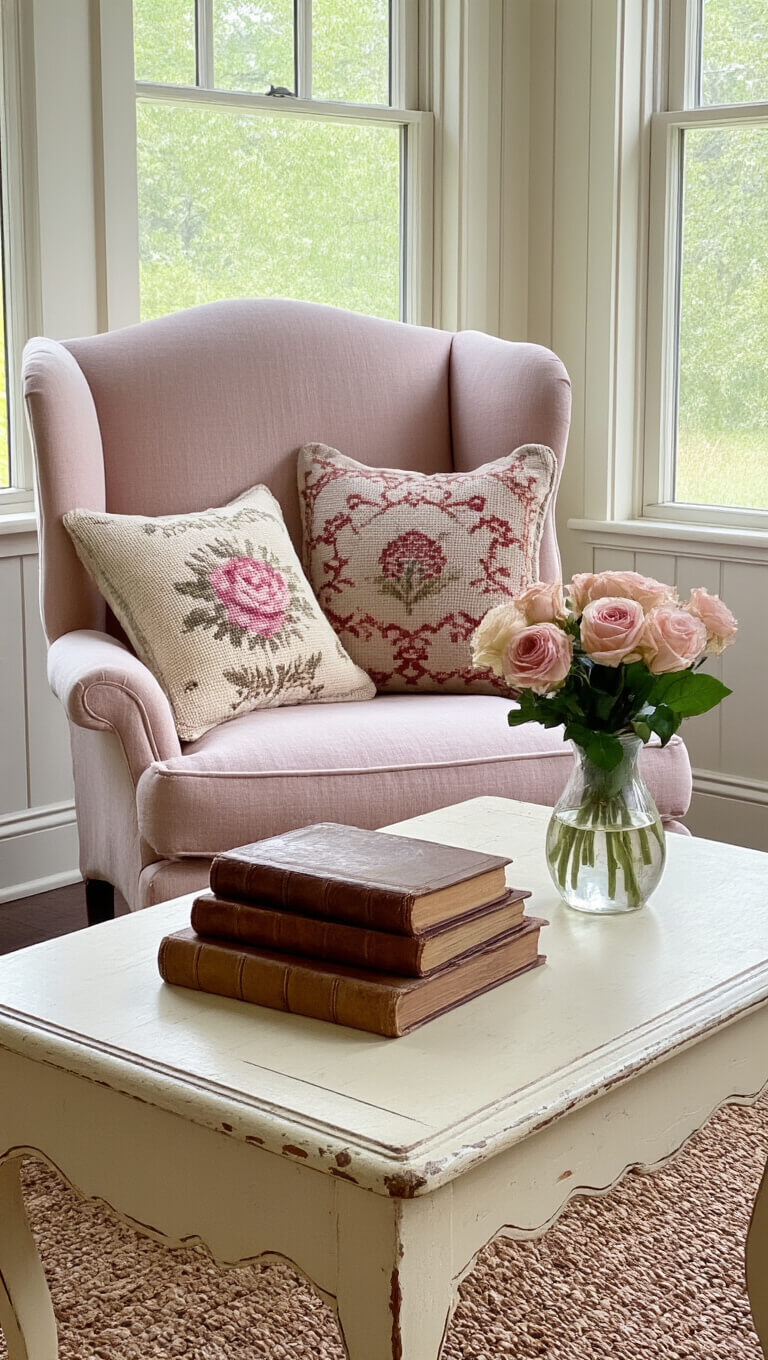 Cozy 10x12ft reading nook with a rose wingback chair, vintage pillows, distressed cream side table, leather books, and garden roses in a milk glass vase, bathed in afternoon light.