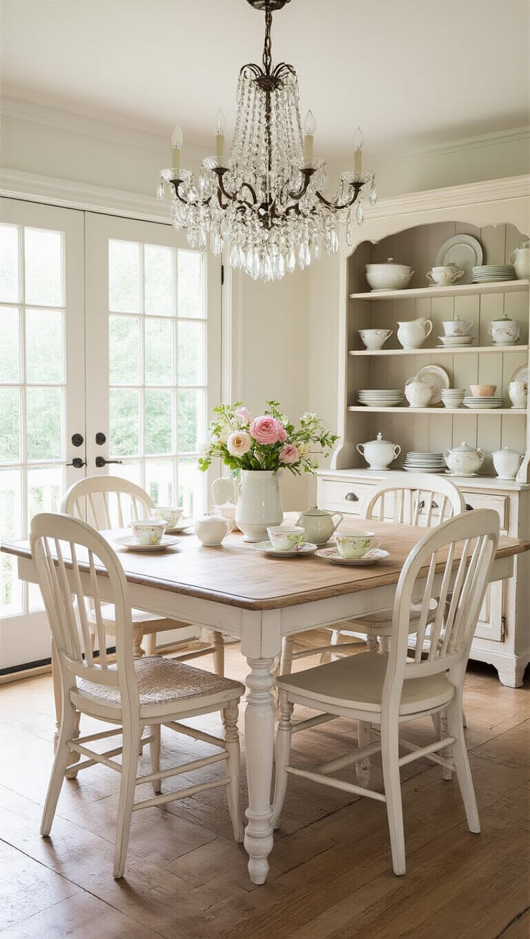 Bright vintage dining room with whitewashed farmhouse table, mix-matched cream chairs, crystal chandelier, and pastel teacups on hutch.