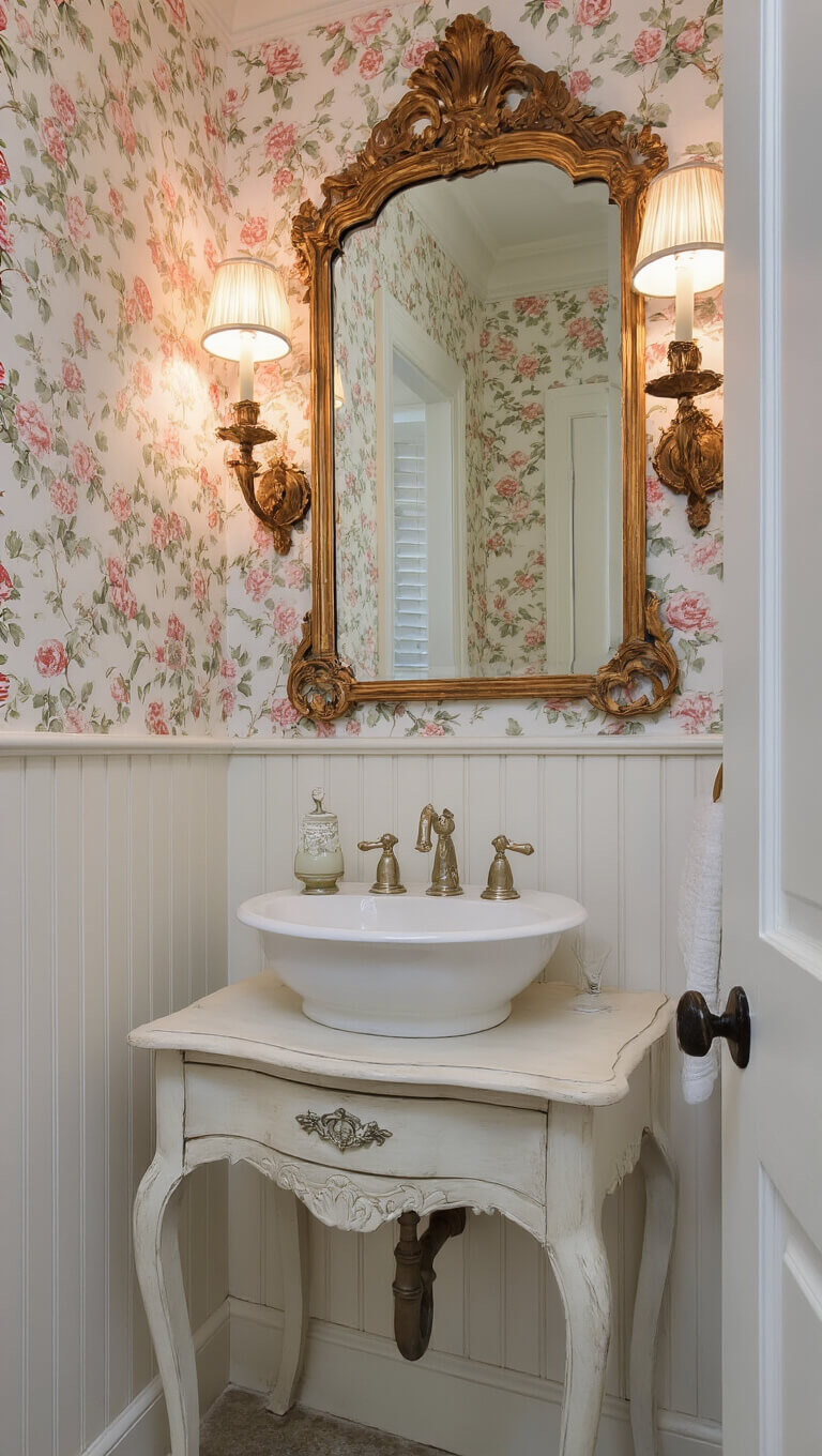 Romantic powder room with rose wallpaper, antique vanity, baroque mirror, and soft sconce lighting.