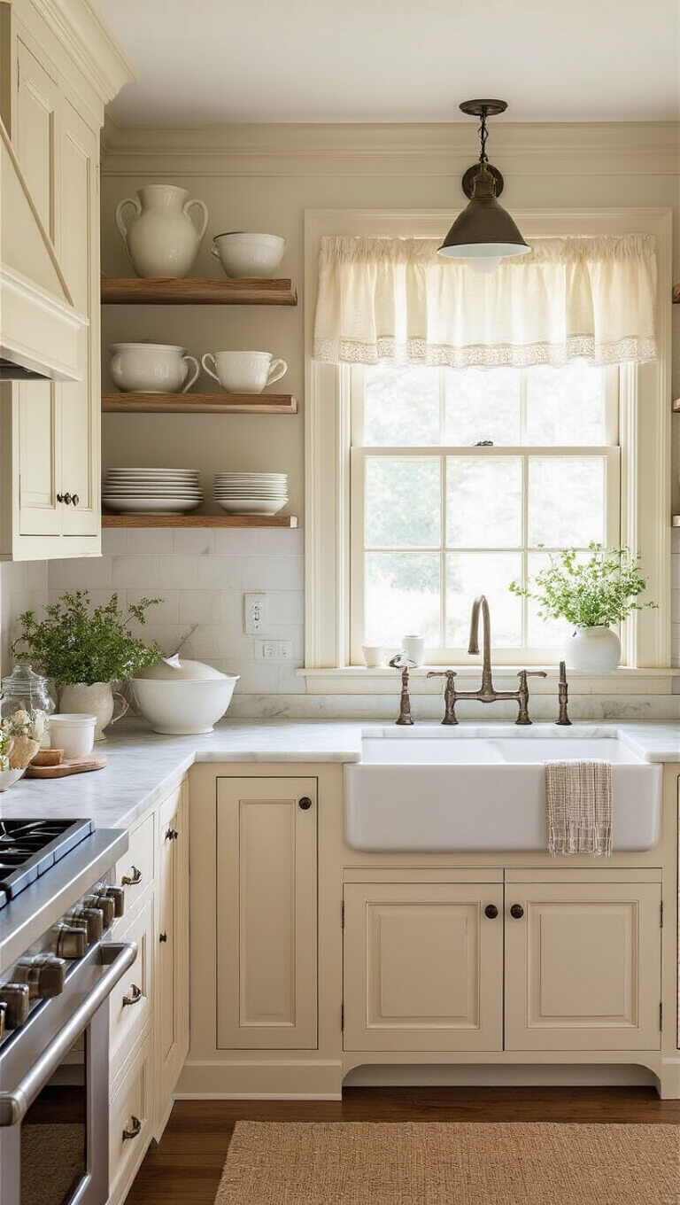 Sunlit farmhouse kitchen with cream distressed cabinets, marble countertops, open shelves of ironstone and milk glass, and a farmhouse sink beneath a window with cafe curtains.