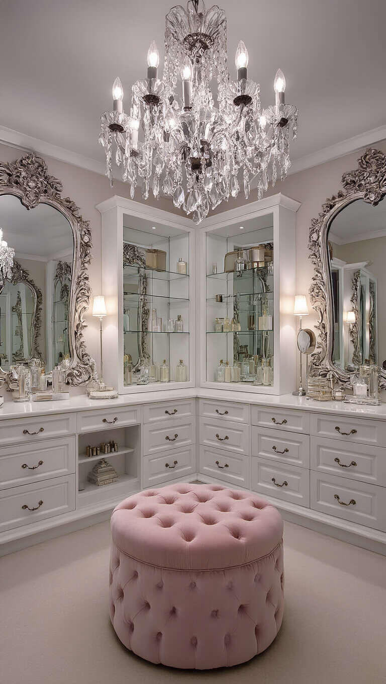 Elegant twilight dressing room with crystal chandelier, vintage mirrors, pink velvet ottoman, and white glass-front cabinets displaying vintage perfumes.
