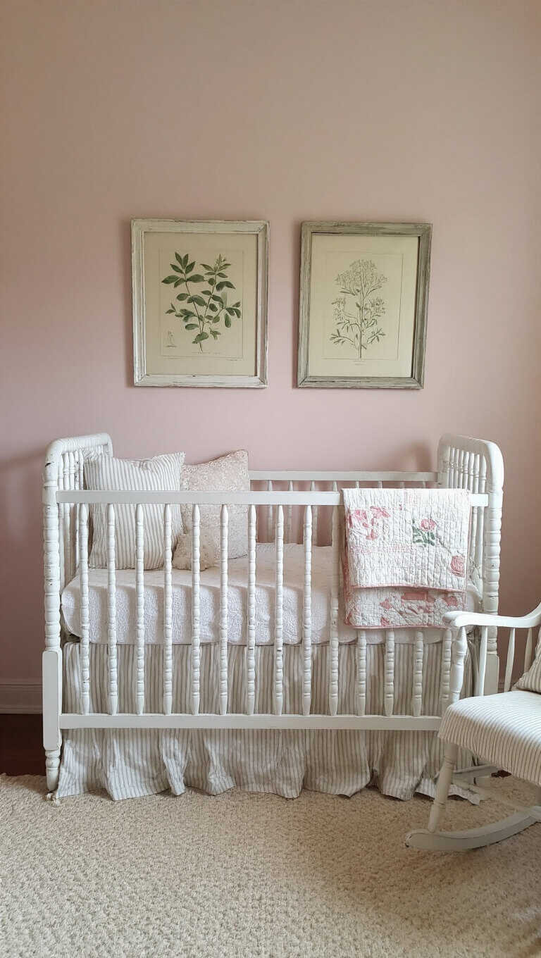 Charming 10x12ft nursery with vintage white crib, handmade quilts, distressed rocking chair, and soft pink walls adorned with botanical prints, shot from above in early morning light.