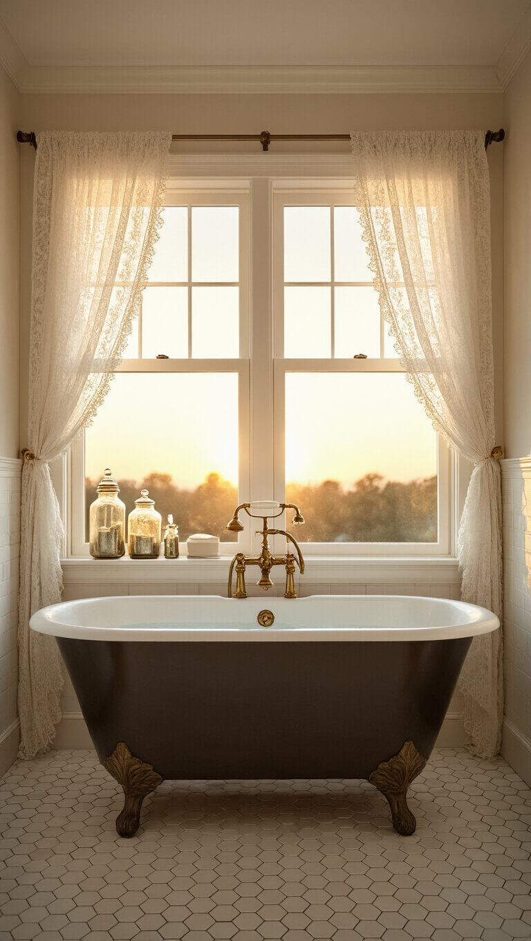 Romantic master bath with clawfoot tub, brass hardware, lace-curtained window, vintage apothecary jars, and cream hexagon tiles at sunset with dreamy lighting.