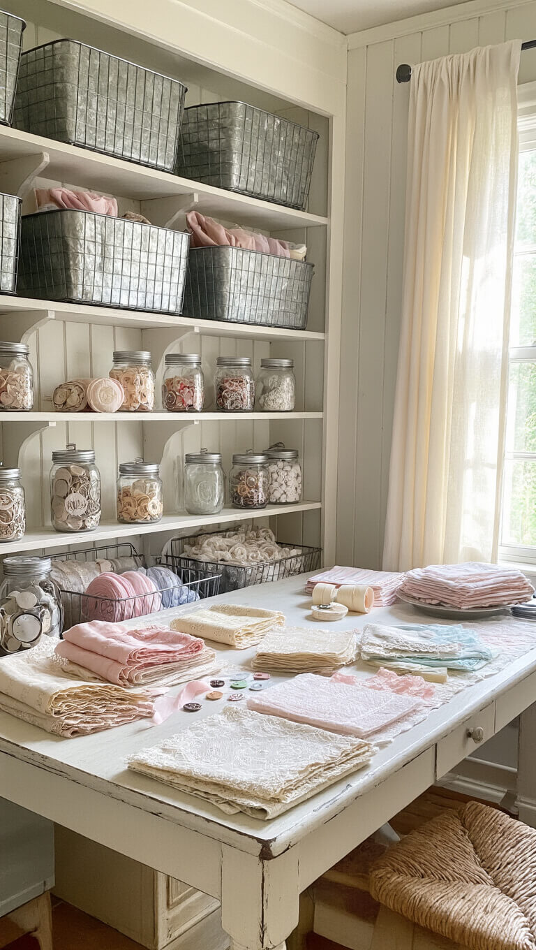 Cozy 12x14ft craft room viewed from above with vintage baskets of lace and ribbon, pastel fabric swatches on a farmhouse table, and sunlit mason jars filled with buttons and trim.