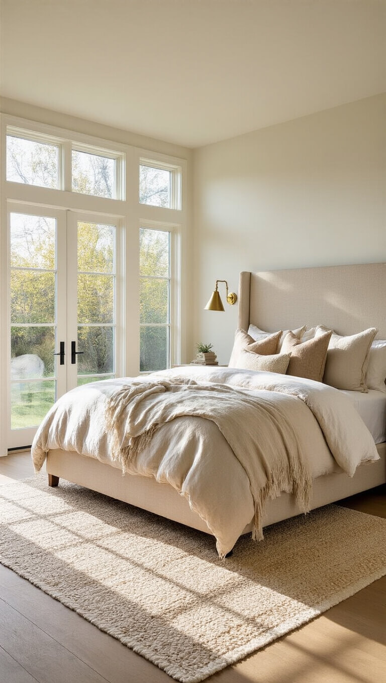 Luxurious master bedroom with king bed, Belgian linen bedding, and morning light through floor-to-ceiling windows.