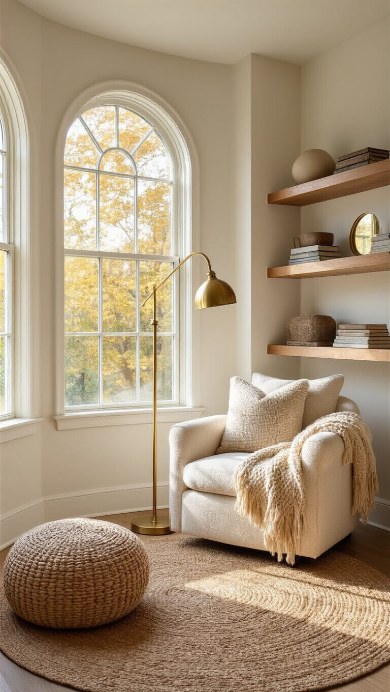 Cozy reading nook with ivory bouclé armchair, brass floor lamp, oak shelves, and jute pouf bathed in warm afternoon light from a curved bay window.