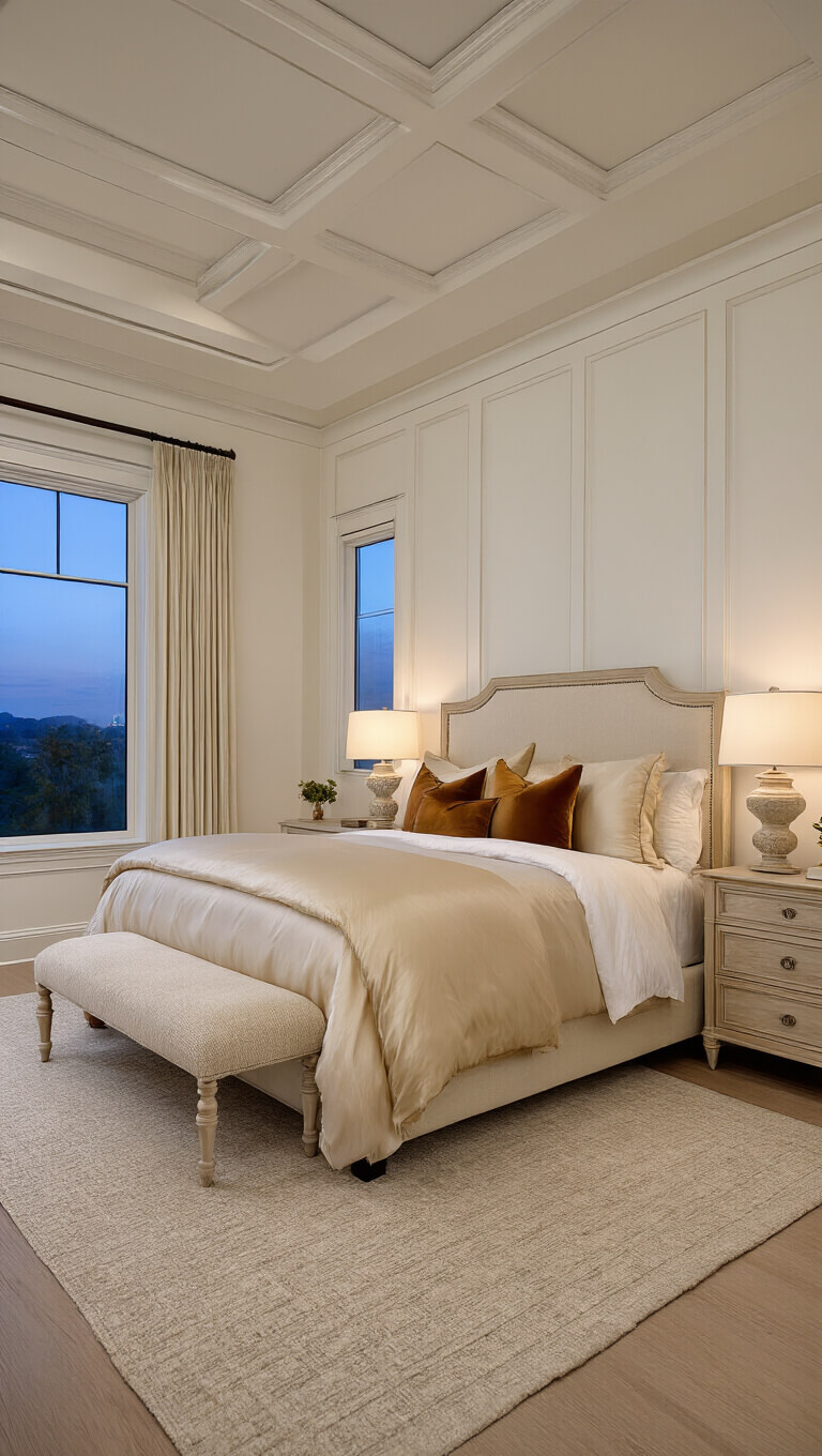 Serene 14'x16' bedroom suite at dusk with coffered ceilings, warm white paneled walls, California king bed in champagne silk-blend bedding, caramel and cream pillows, bleached oak nightstands, alabaster lamps, and layered lighting.
