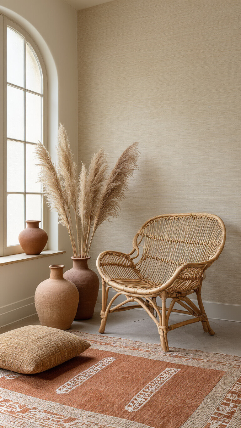 Minimalist bedroom corner with rattan chair, textured wheat-toned wallpaper, ceramic vessels, dried pampas grass, and vintage kilim rug in terracotta and beige under soft morning light.