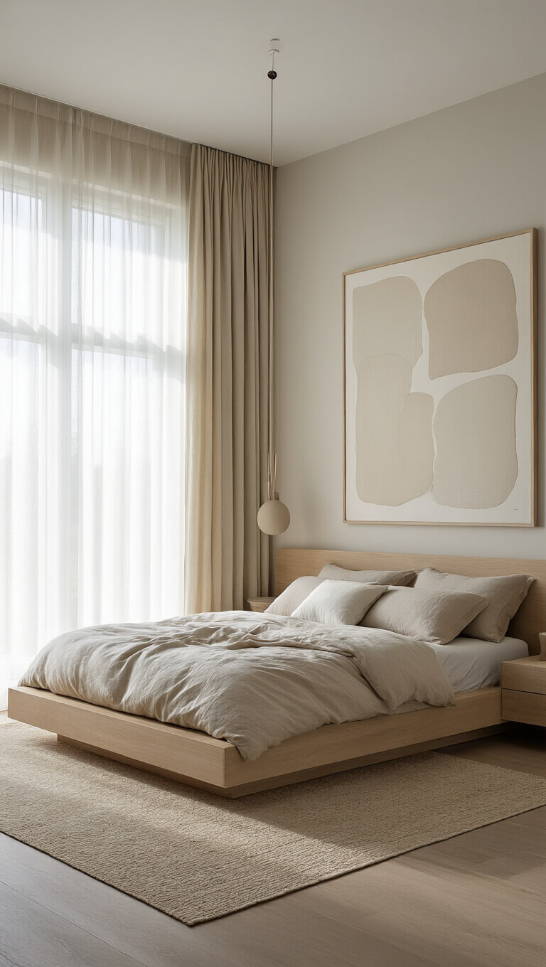 Contemporary 16x20 bedroom with ecru linen drapes, bleached oak platform bed, sand-toned bedding, floating nightstands, and abstract cream and taupe artwork, lit by diffused midday light.