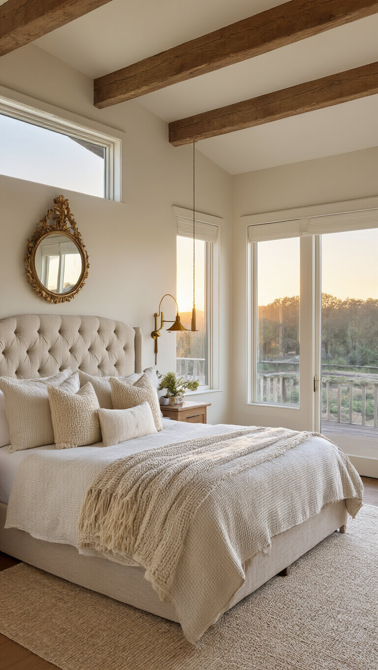 Cozy guest bedroom with cathedral ceilings and exposed beams at sunset, featuring a queen bed with tufted linen headboard, layered neutral bedding, vintage brass mirror, and wall sconces, viewed wide-angle from corner.