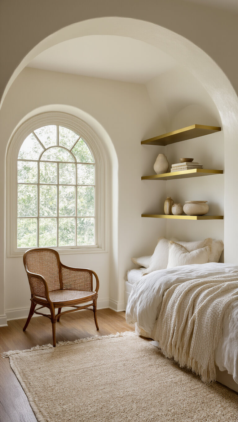 Romantic bedroom alcove with arched window, vintage cane chair, brass shelves, and champagne silk rug in soft afternoon light.