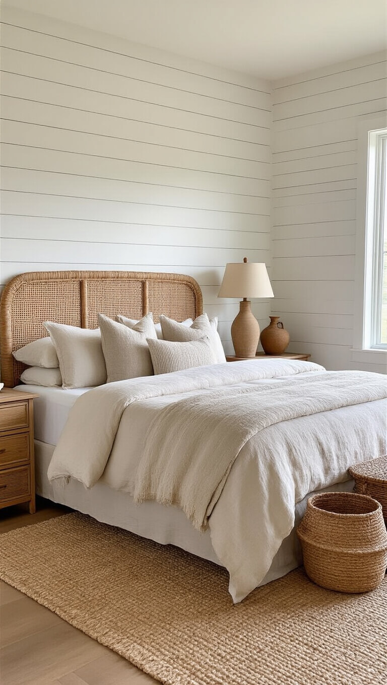 Coastal-style bedroom with shiplap accent wall, queen rattan bed in sand and ivory linen, seagrass baskets, and vintage ceramics, lit by natural morning light.