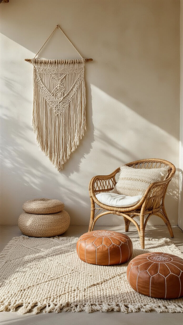 Bohemian bedroom corner with macramé wall hanging, rattan chair, Moroccan leather poufs, and cream wool rug in soft afternoon light.