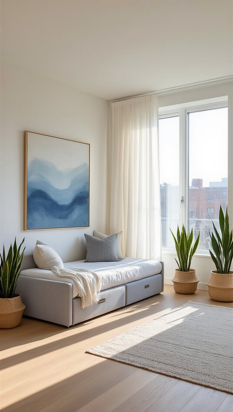 Bright studio apartment with light oak floors, gray daybed under tall window, white curtains filtering golden hour light, minimal decor, and open floor plan.